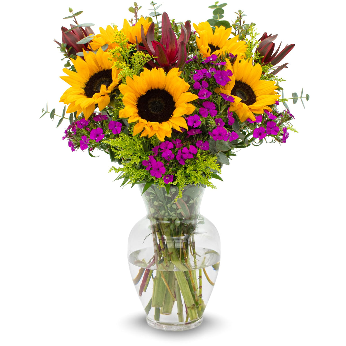 Stargazer Barn wildflower bouquet with glass vase included for easy home display.