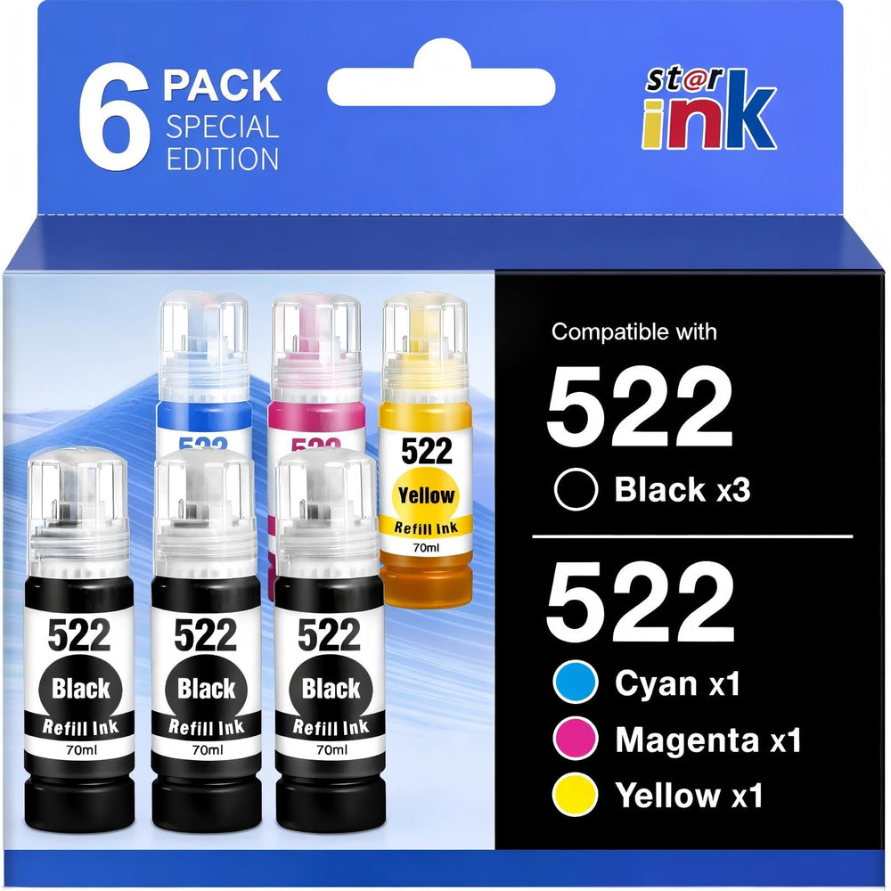 Starink 522 bottle set for EcoTank printers shows six-pack capacity for longer printing.
