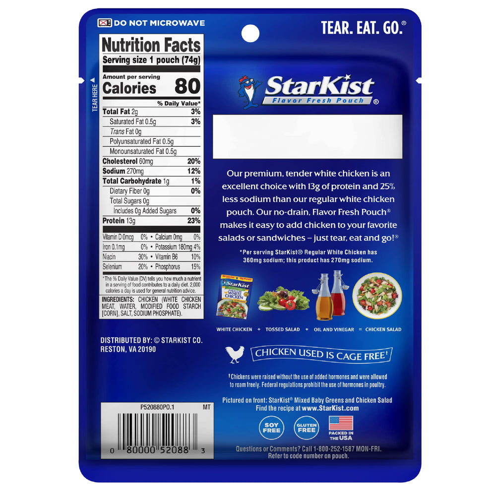 StarKist 25-percent-less-sodium chicken pouch with 13g protein per serving