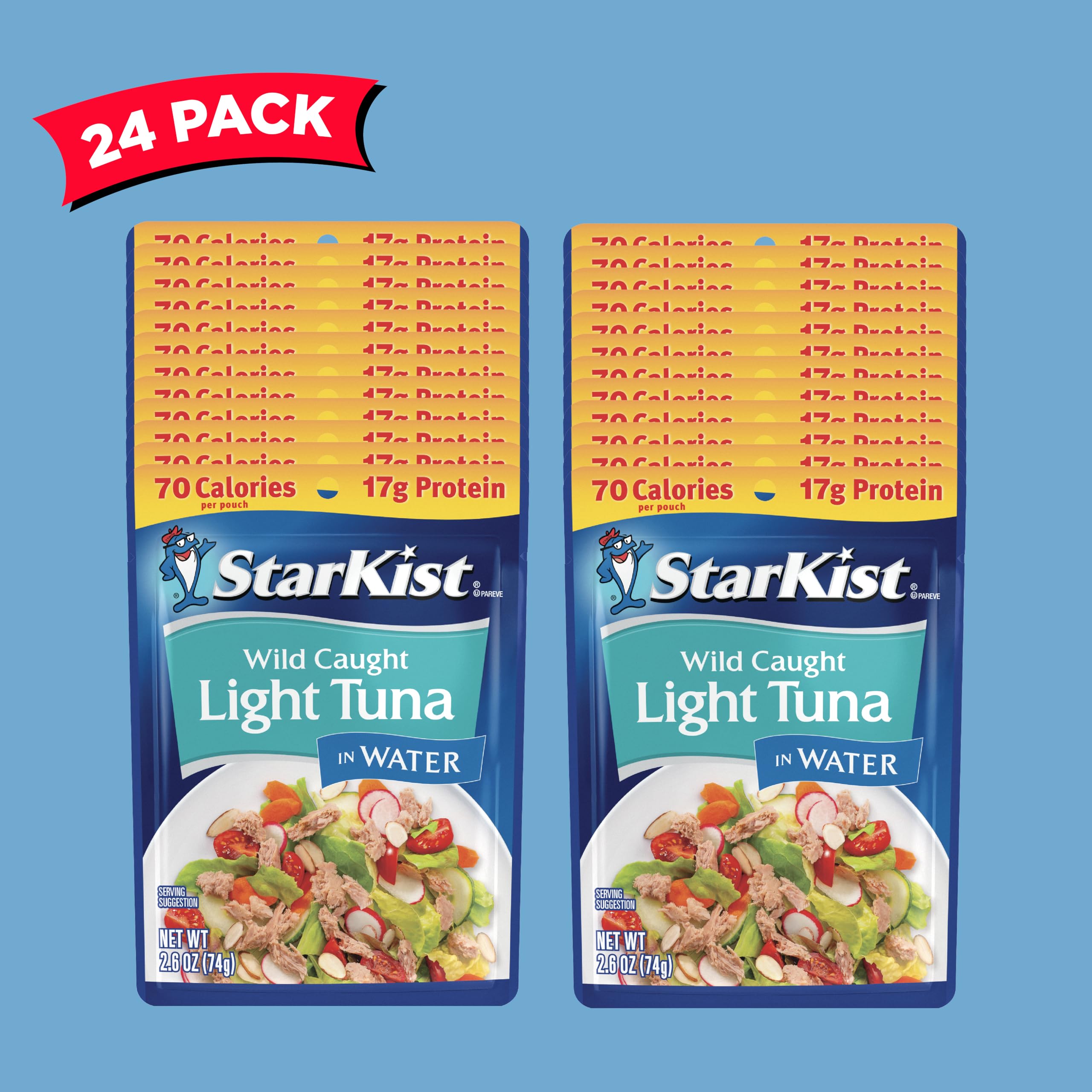 StarKist tuna pouch with label visible, highlighting 17 g protein per serving.