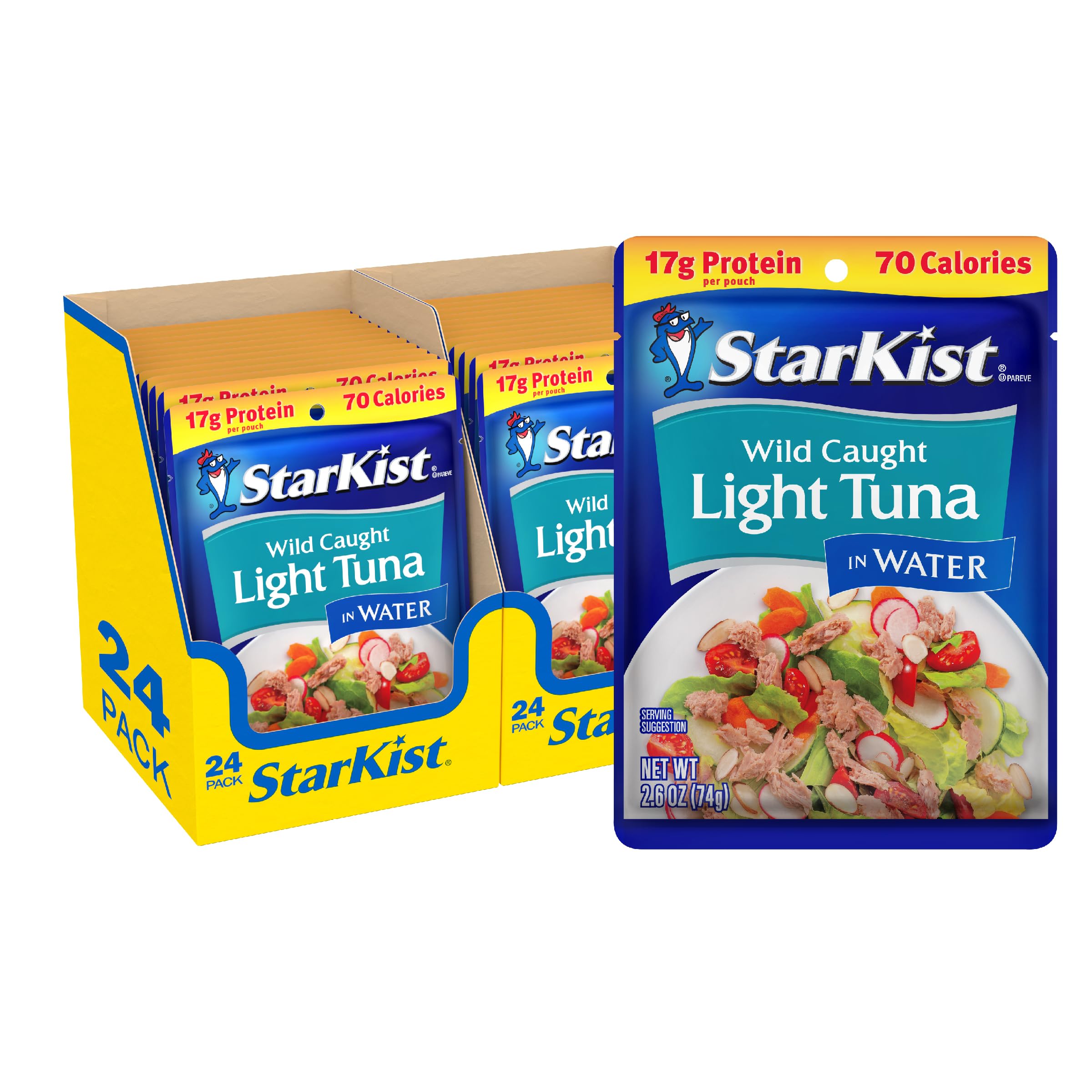 StarKist Chunk Light Tuna in Water pouch close-up, showcasing mild texture for quick meals.