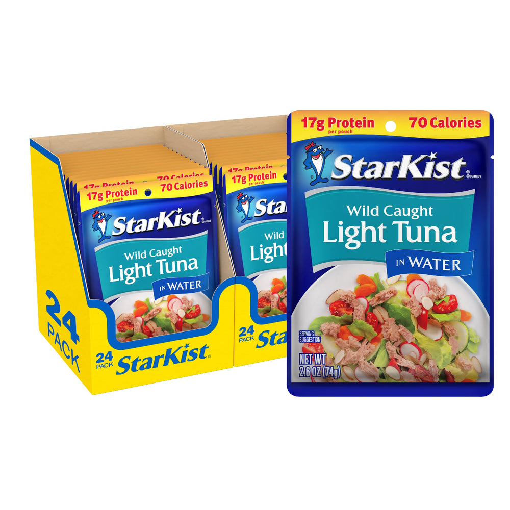 StarKist Chunk Light Tuna in Water pouch close-up, showcasing mild texture for quick meals.