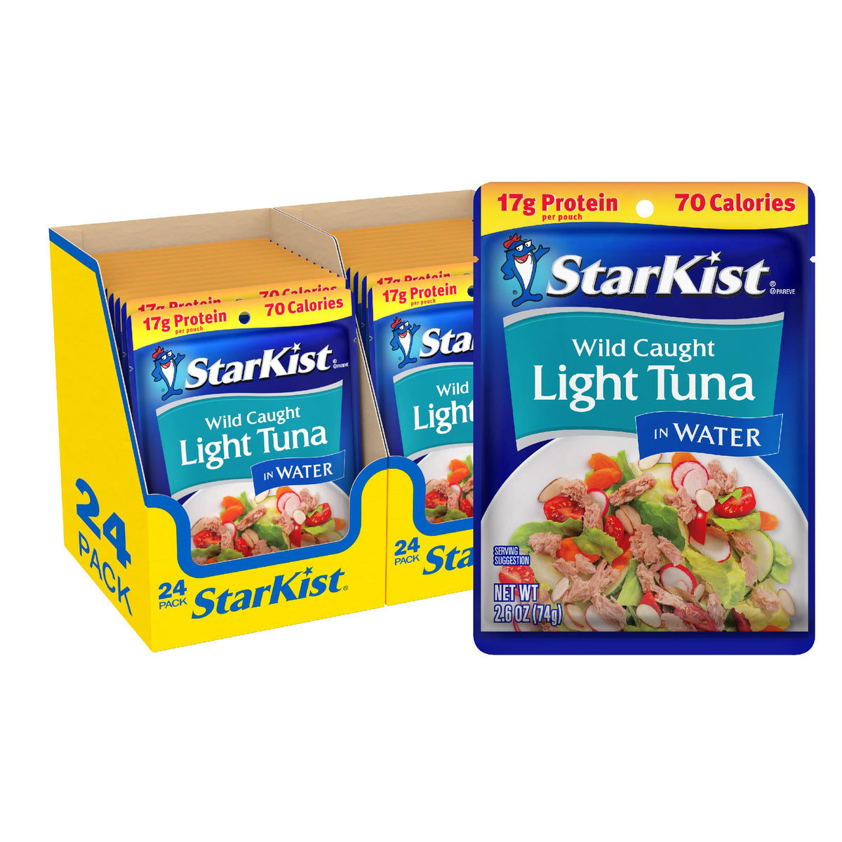 StarKist Chunk Light Tuna in Water pouch close-up, showcasing mild texture for quick meals.
