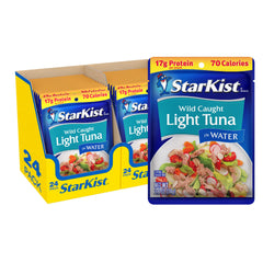 StarKist Chunk Light Tuna in Water pouch close-up, showcasing mild texture for quick meals.