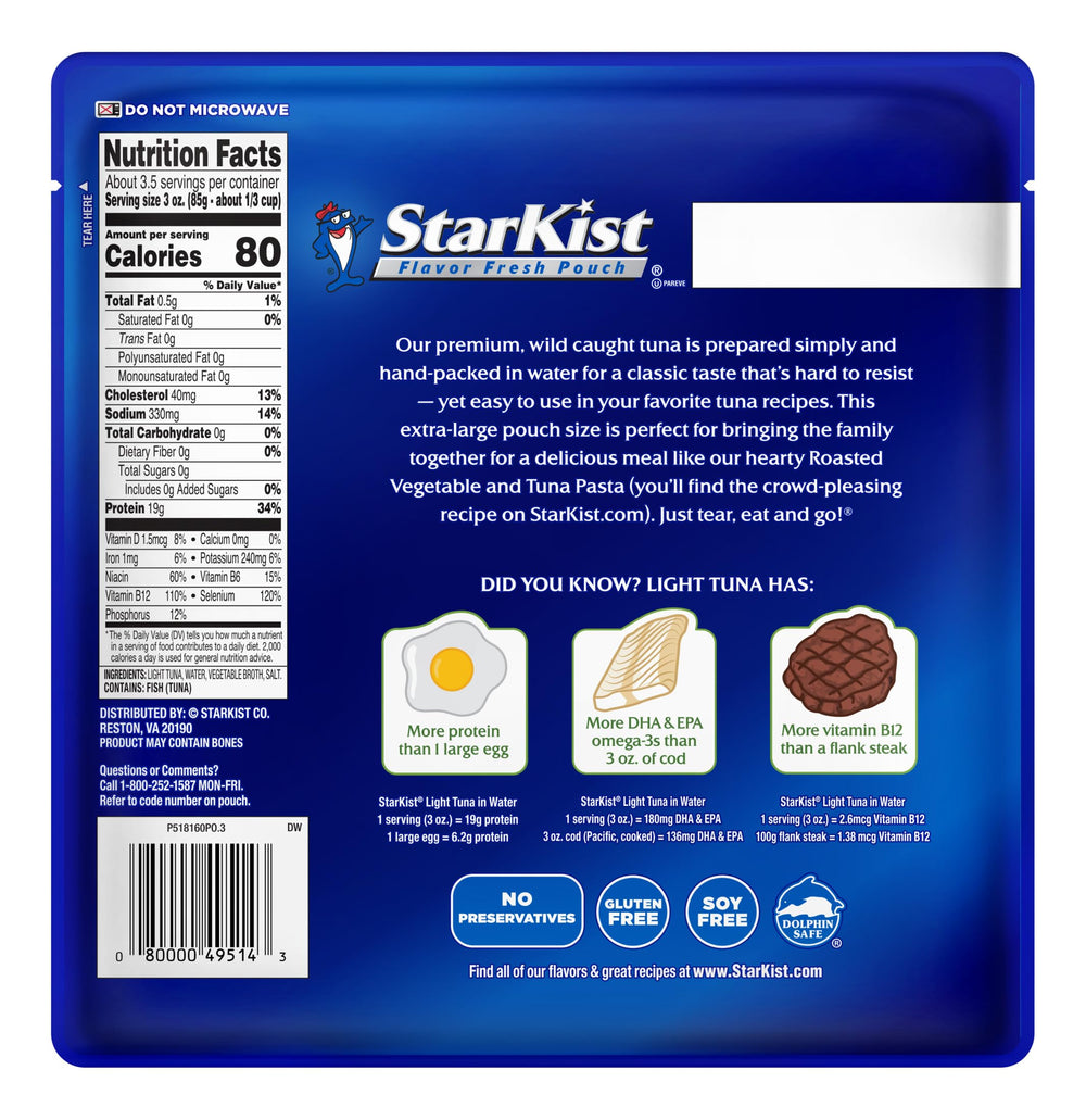 StarKist tuna water pouch torn open for quick, mess-free snacking.