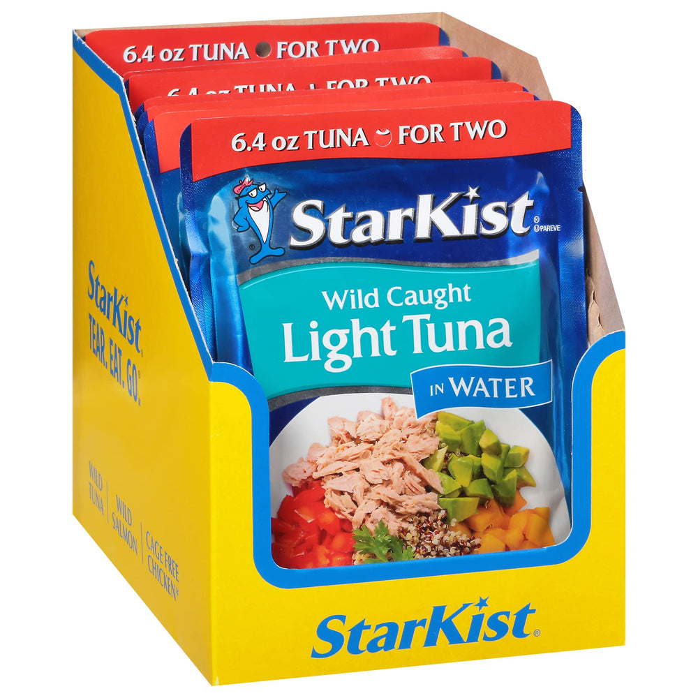 StarKist provides 19g protein and 80 calories per serving in tuna water pouches.