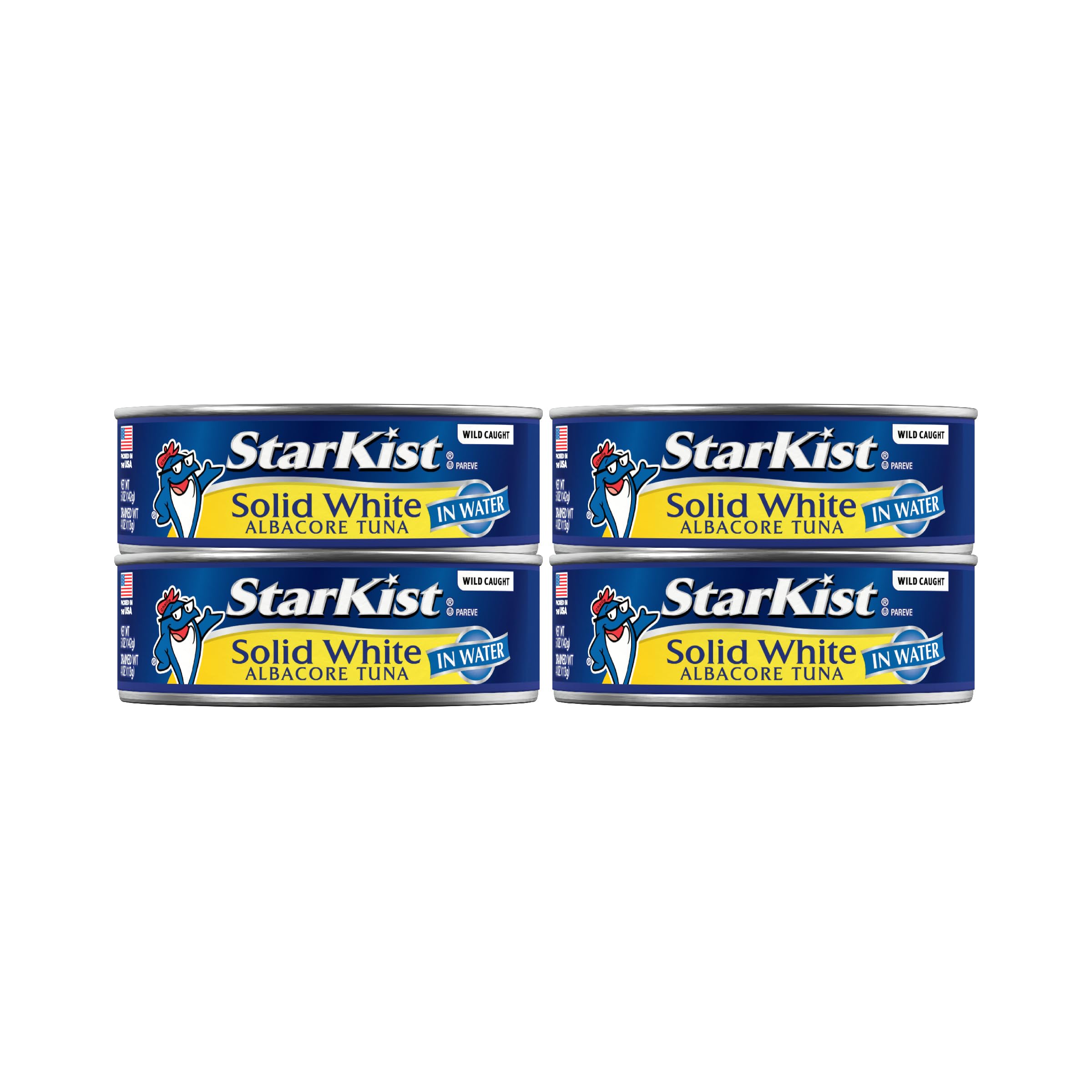 StarKist solid white albacore tuna in water four-pack on pantry shelf, ideal for quick meals.