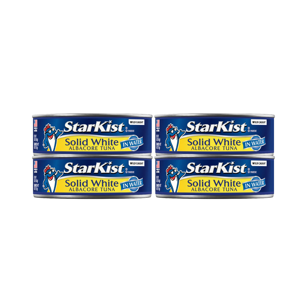 StarKist solid white albacore tuna in water four-pack on pantry shelf, ideal for quick meals.