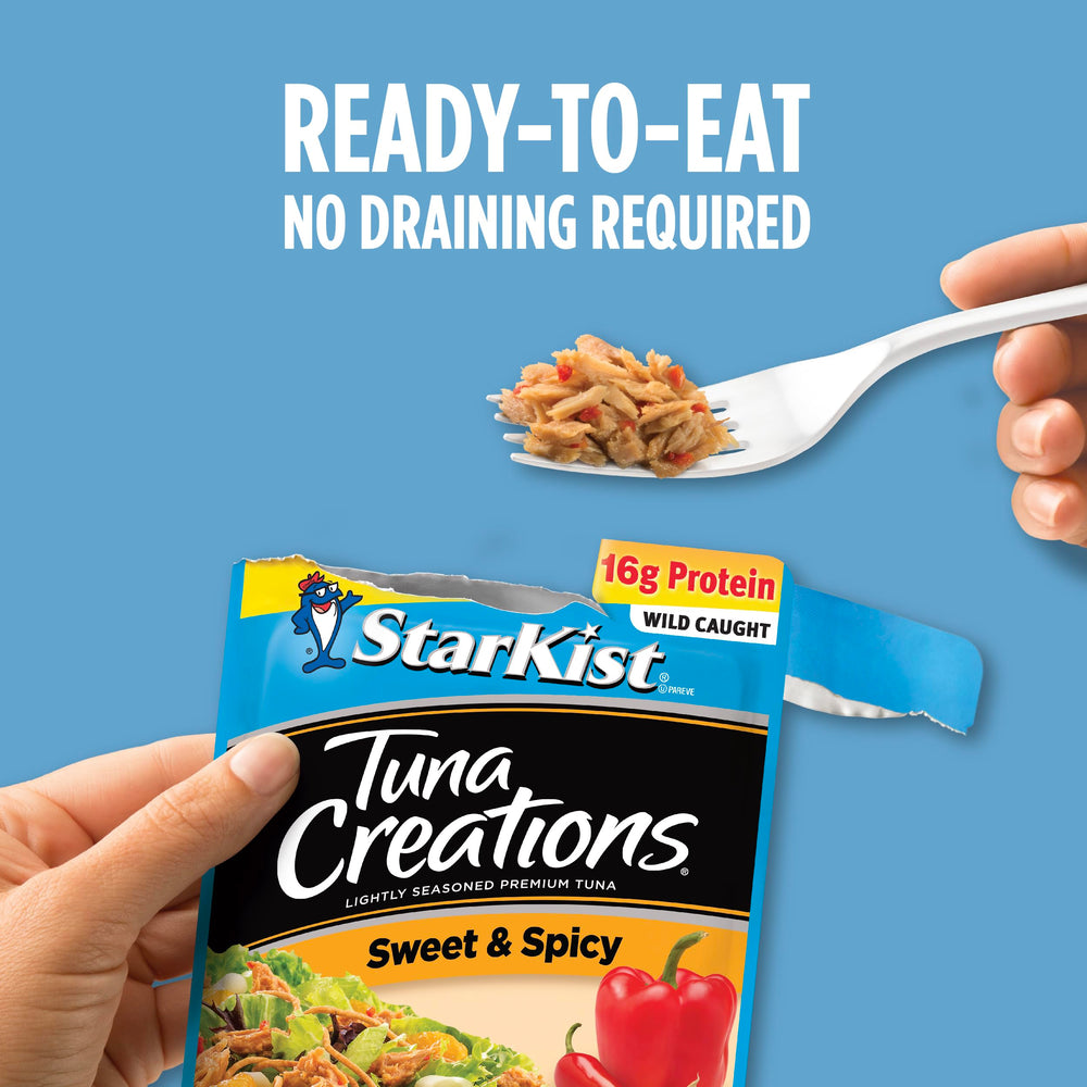 StarKist Sweet and Spicy tuna pouch opened with garlic and peppers aroma.
