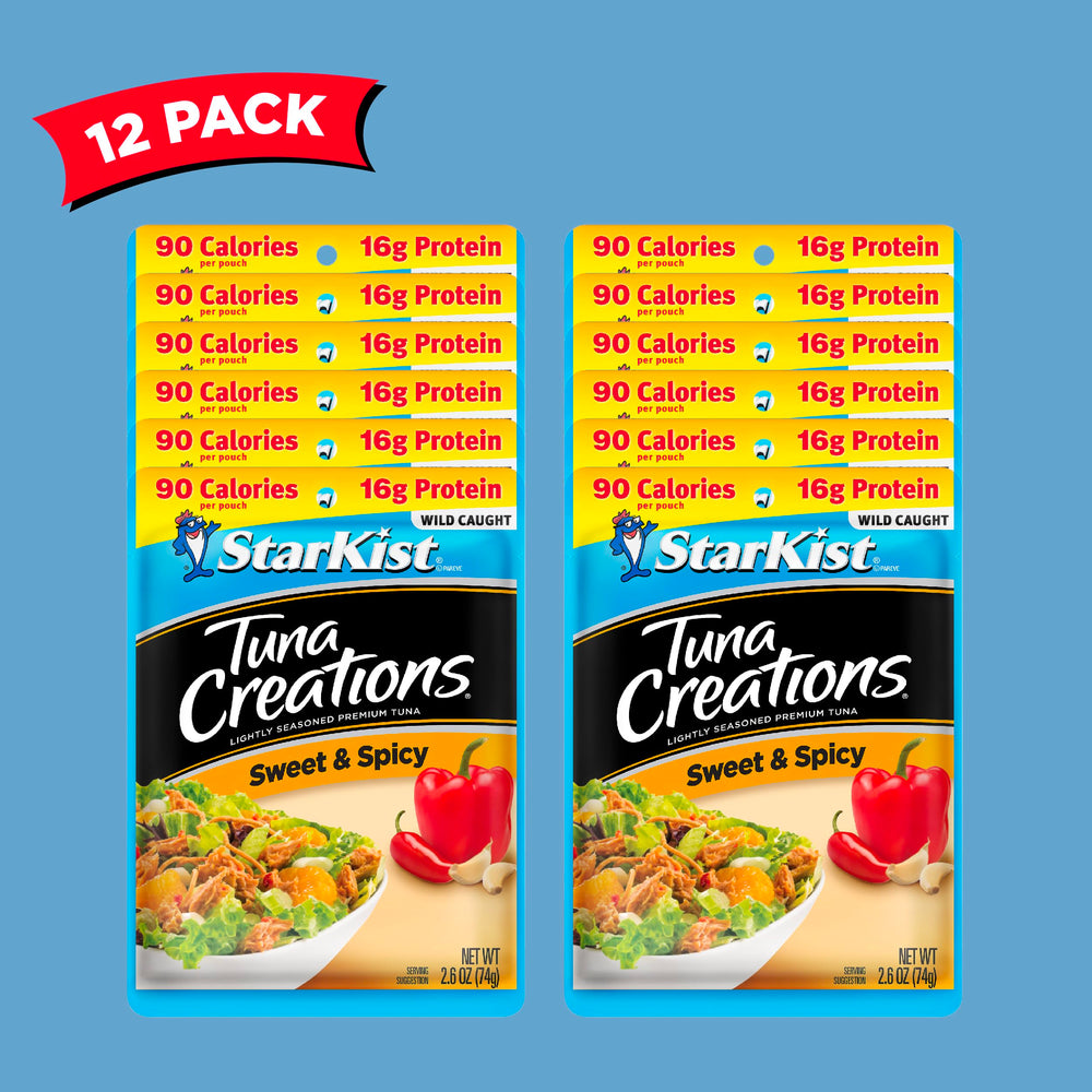 StarKist Sweet and Spicy tuna pouch packaging closeup showing convenient packaging.