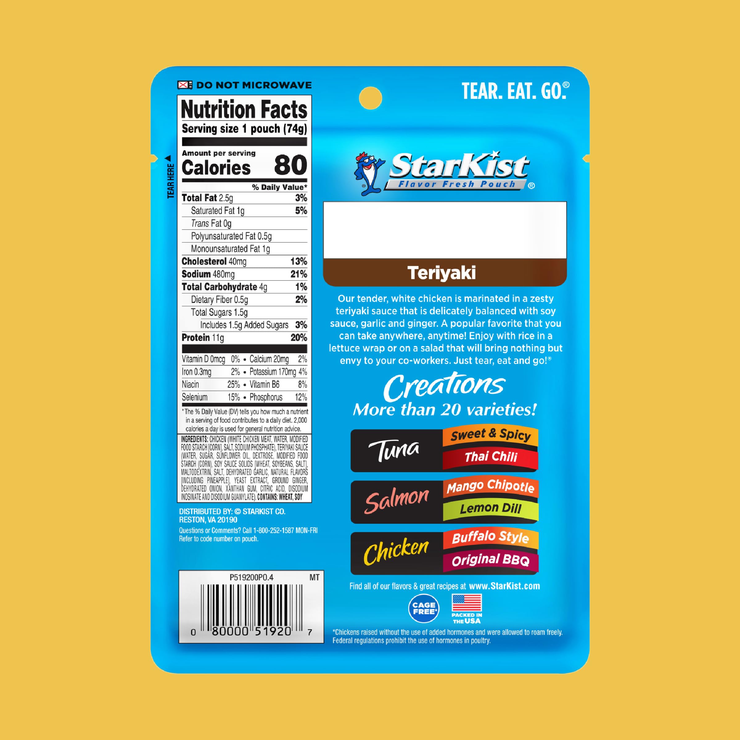 StarKist Teriyaki Chicken Creations pouch close-up texture of white meat.