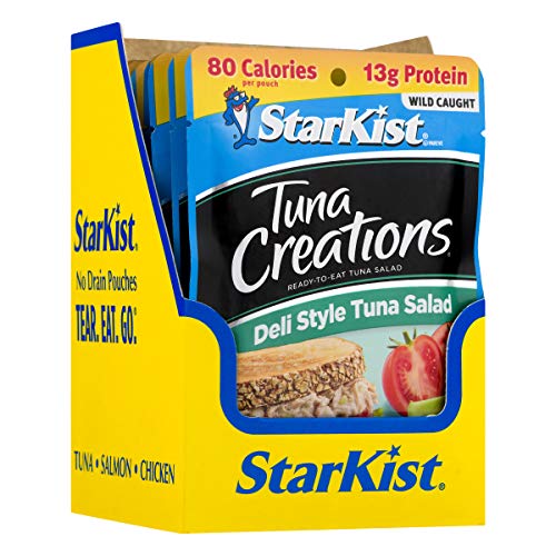 Twelve-pack StarKist tuna pouches stacked for quick meals.