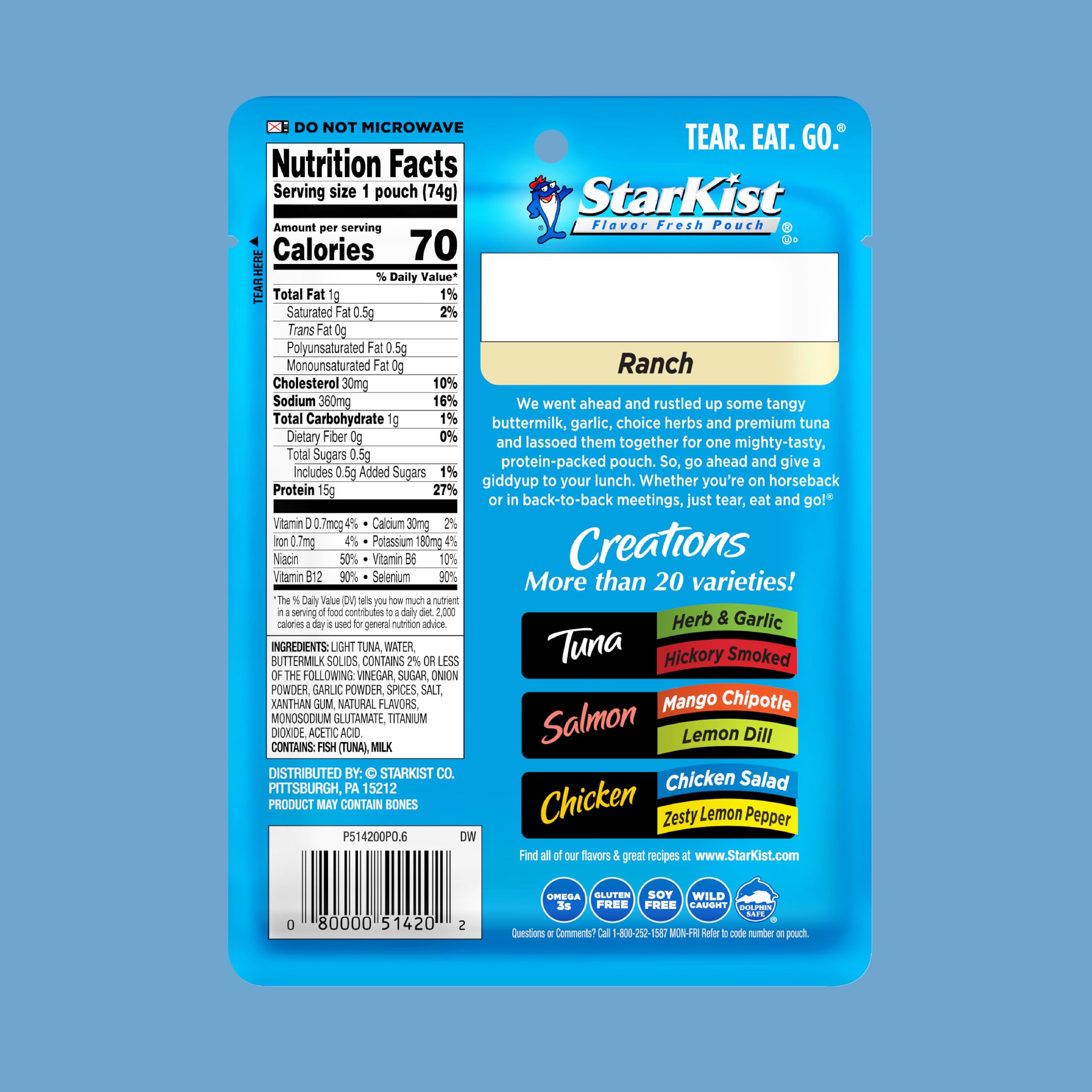 StarKist Ranch Pouch 2.6oz portion ideal for on-the-go meals.