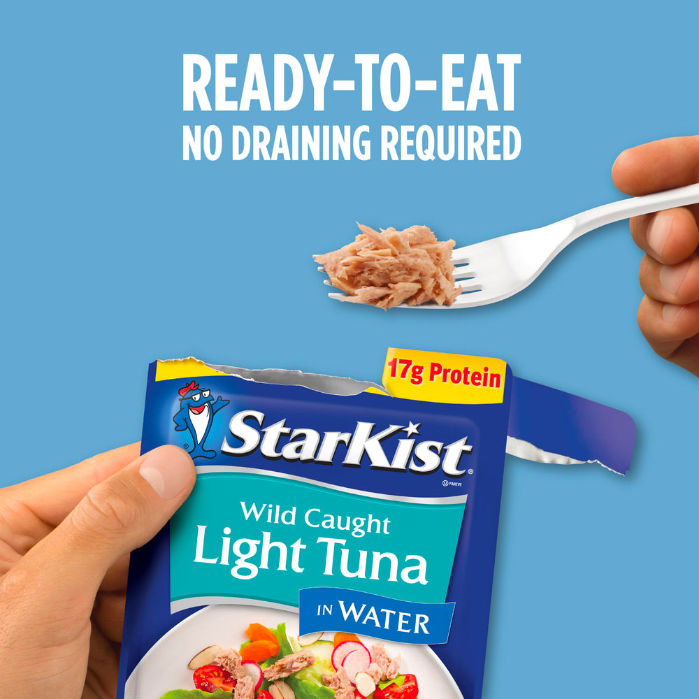 StarKist Water Tuna pouch in salad bowl, suggesting quick lunch idea.
