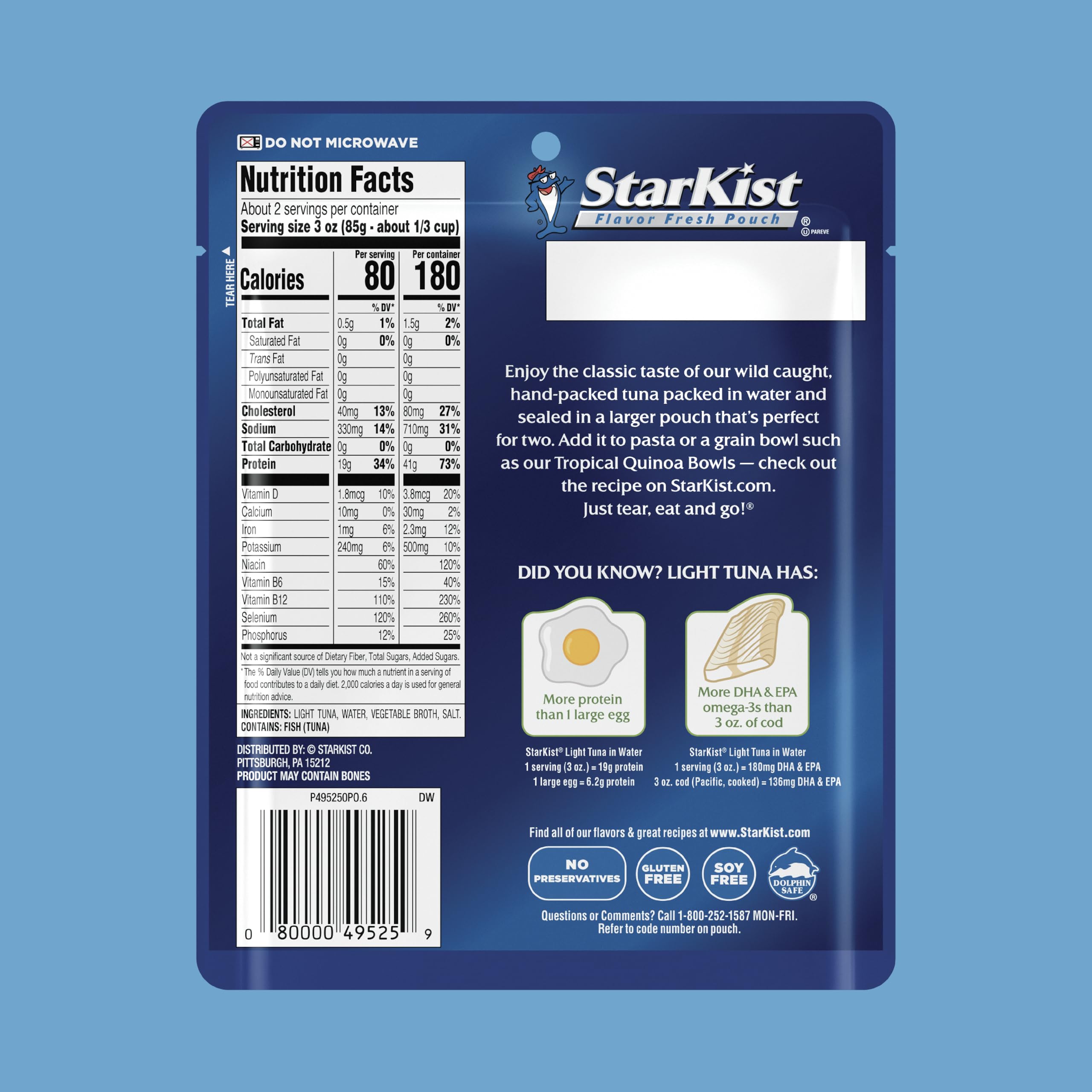 StarKist Chunk Light Tuna in Water pouch highlights wild-caught sourcing and dolphin-safe practices.