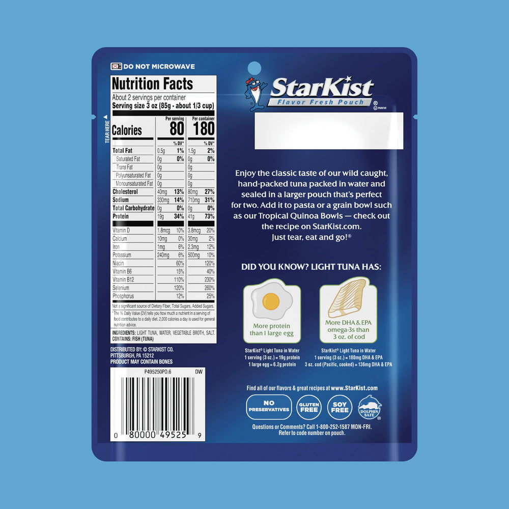 StarKist Chunk Light Tuna in Water pouch highlights wild-caught sourcing and dolphin-safe practices.