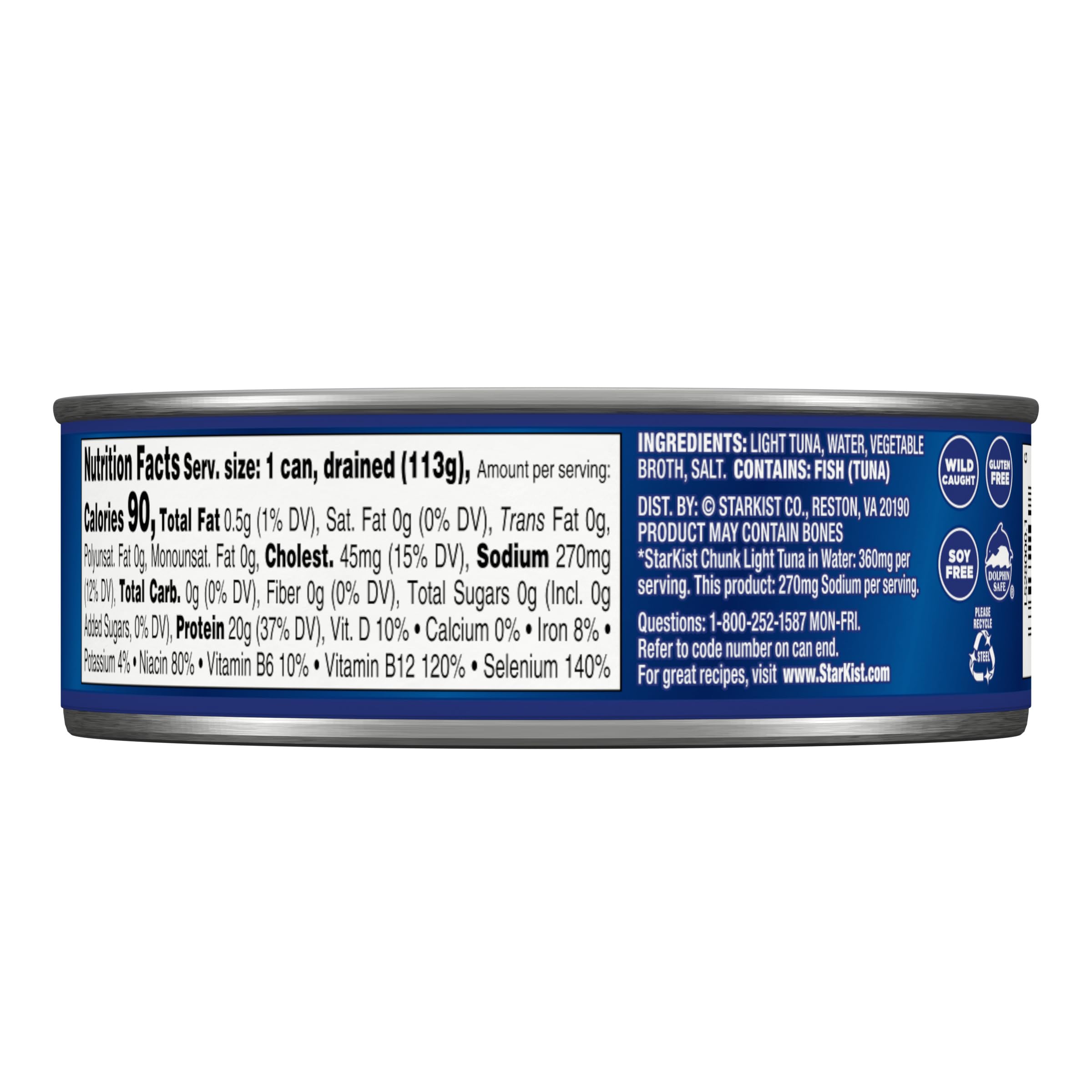 StarKist wild-caught dolphin-safe tuna label indicating gluten-free and soy-free options
