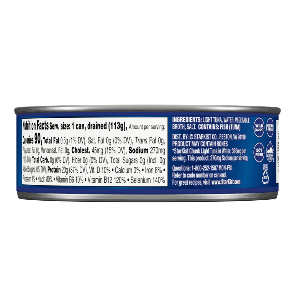 StarKist wild-caught dolphin-safe tuna label indicating gluten-free and soy-free options