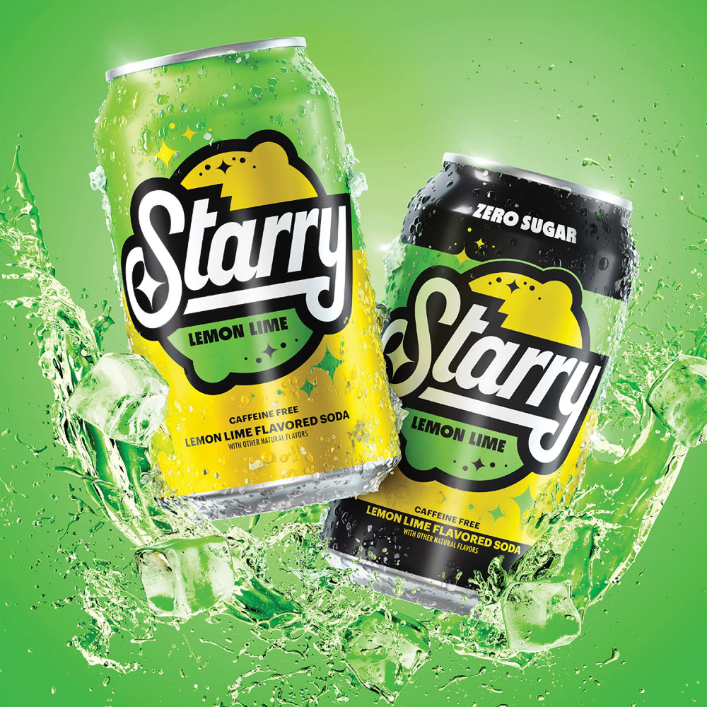 Glass of Starry Zero Sugar Lemon Lime Soda under bright light
