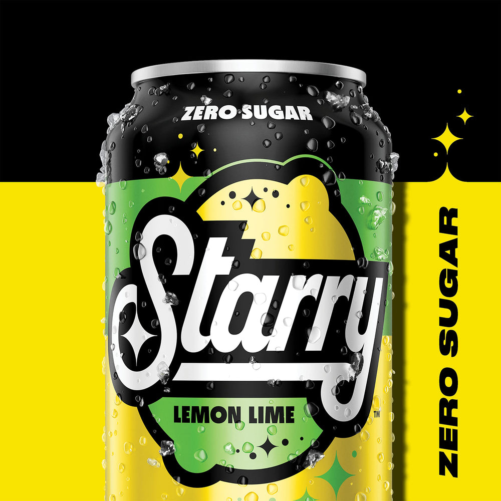 Starry label detail emphasizes bold branding and zero sugar claim