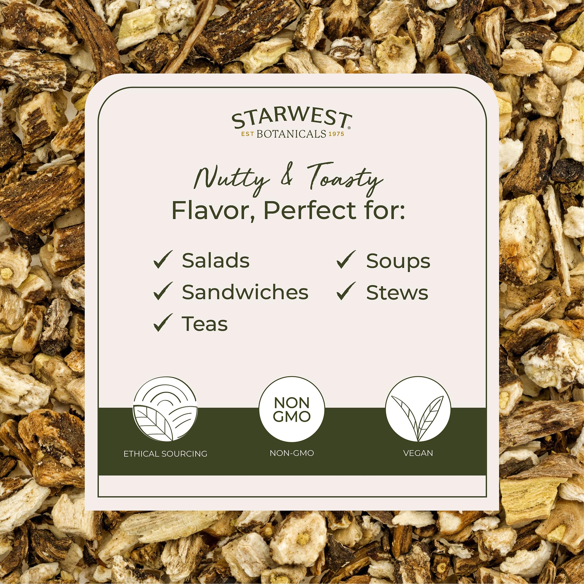 Starwest Botanicals dandelion root tea bulk packaging ready for pantry stock.