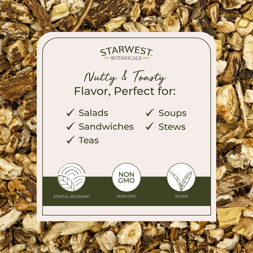 Starwest Botanicals dandelion root tea bulk packaging ready for pantry stock.