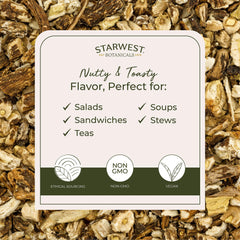 Starwest Botanicals dandelion root tea bulk packaging ready for pantry stock.
