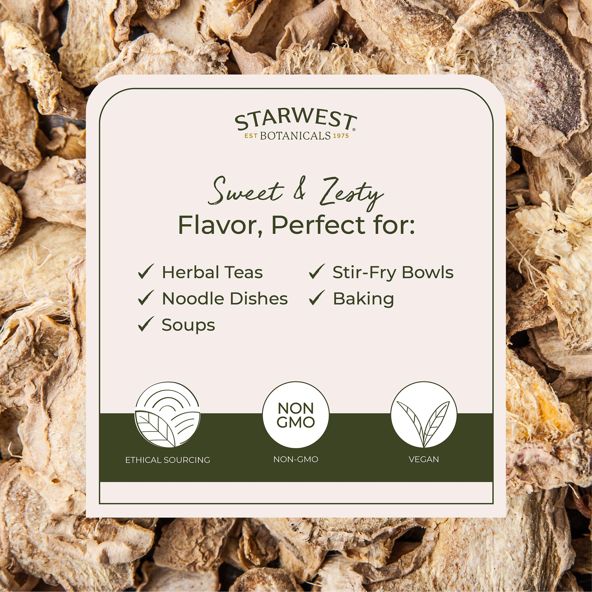 Starwest Botanicals dried ginger in a tea ingredient shot for flavorful infusions.