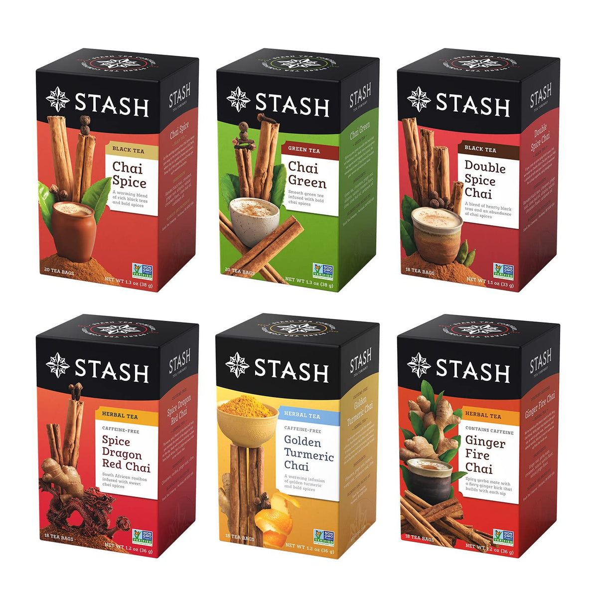 Stash Tea chai variety pack boxes display six bold flavors for daily ritual