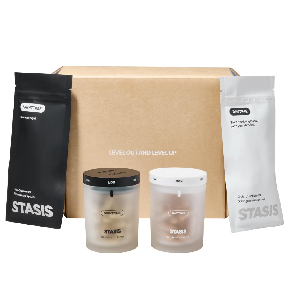 STASIS Day & Night bottle shown for daytime use supporting focused energy and routine.