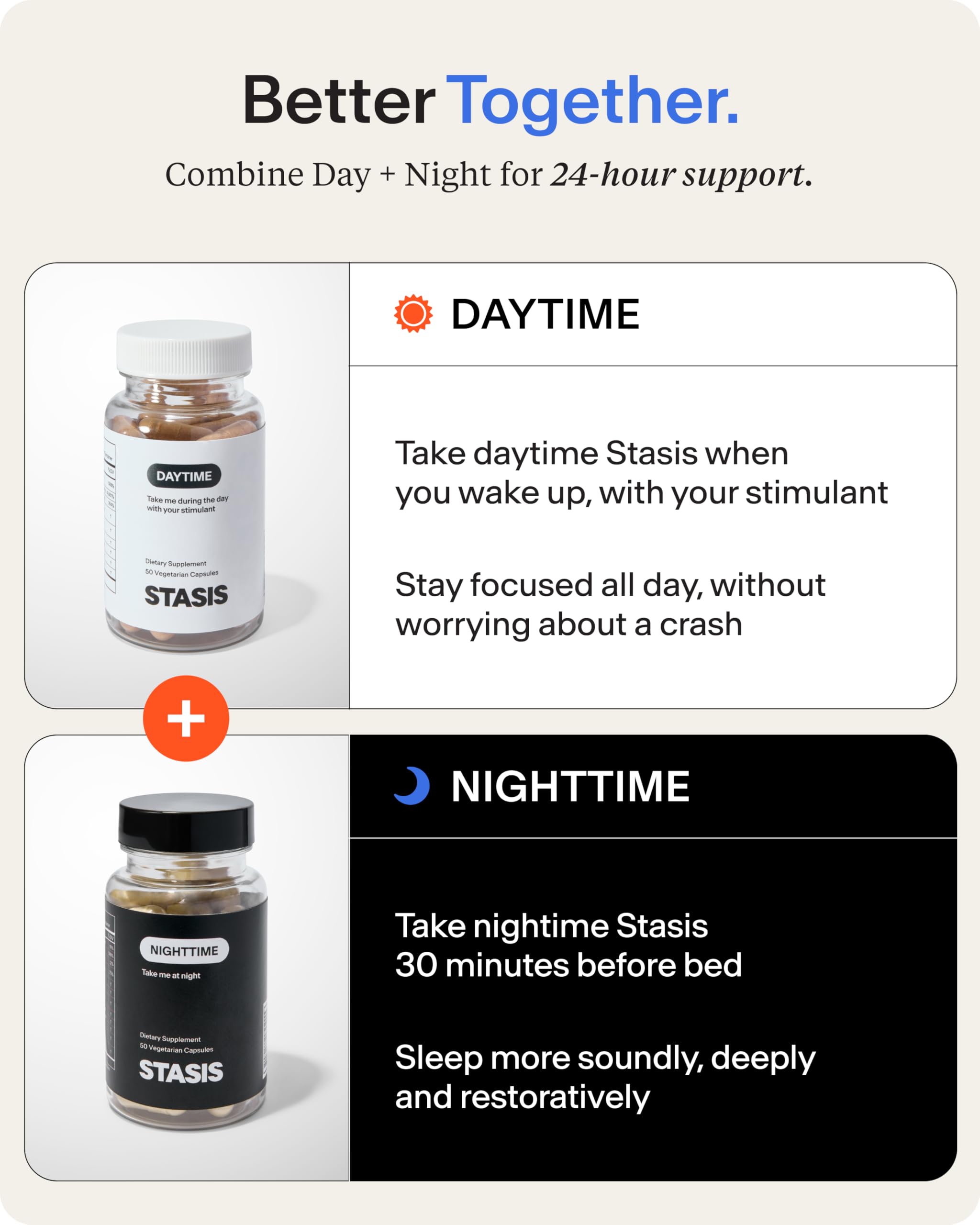 STASIS packaging with bottle visually communicates the two-phase system.