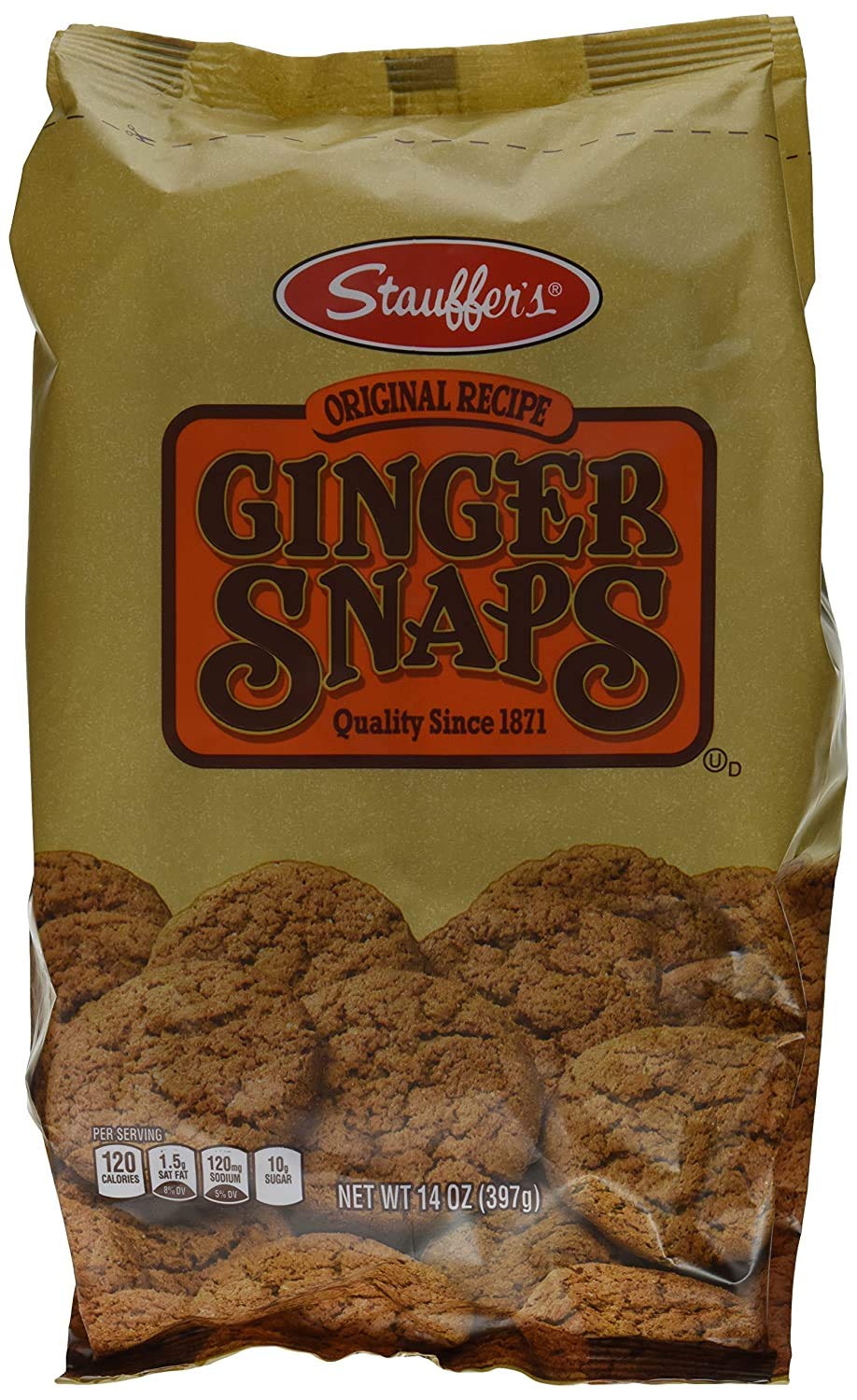 Stauffer's Ginger Snap Original cookies in a 14 oz bag, ideal for tea-time pairing.