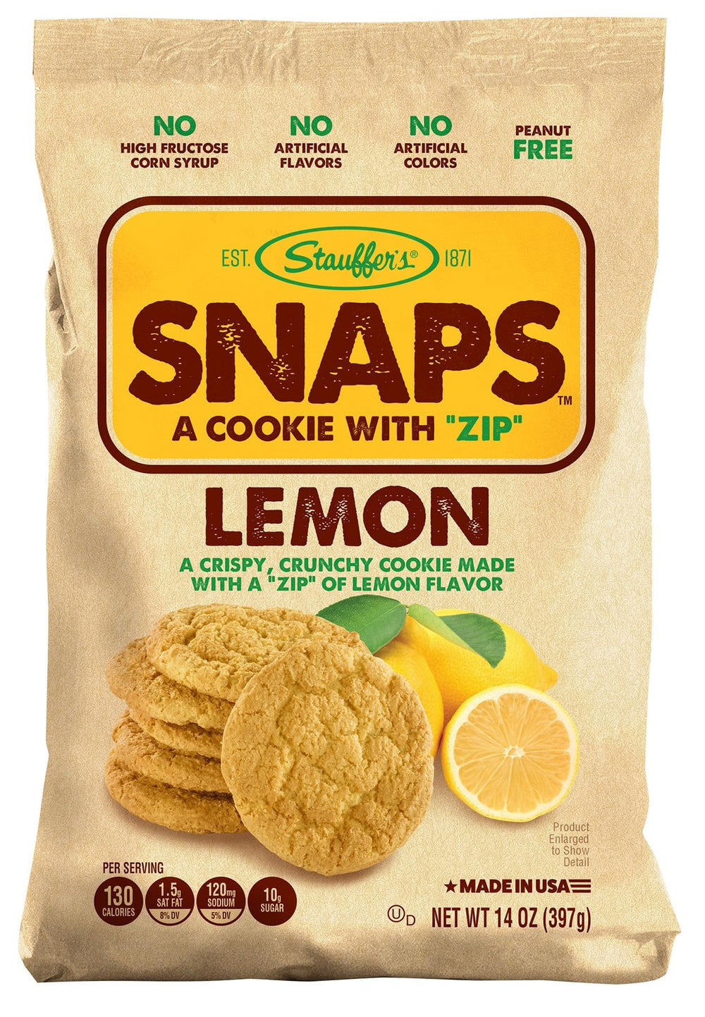 STAUFFER'S Lemon SNAPS cookies in a 14oz bag showing bright lemon flavor and crisp texture.