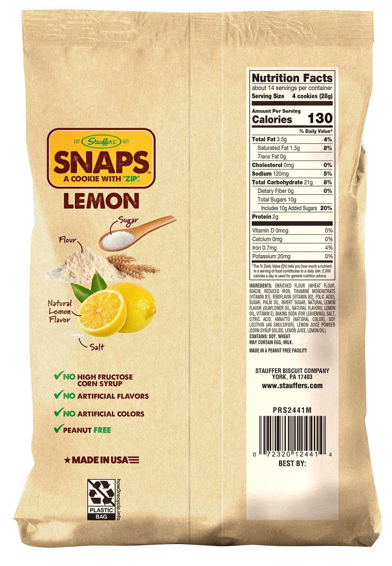 Close-up of STAUFFER'S Lemon SNAPS cookies highlighting zesty lemon bits and flaky edges.