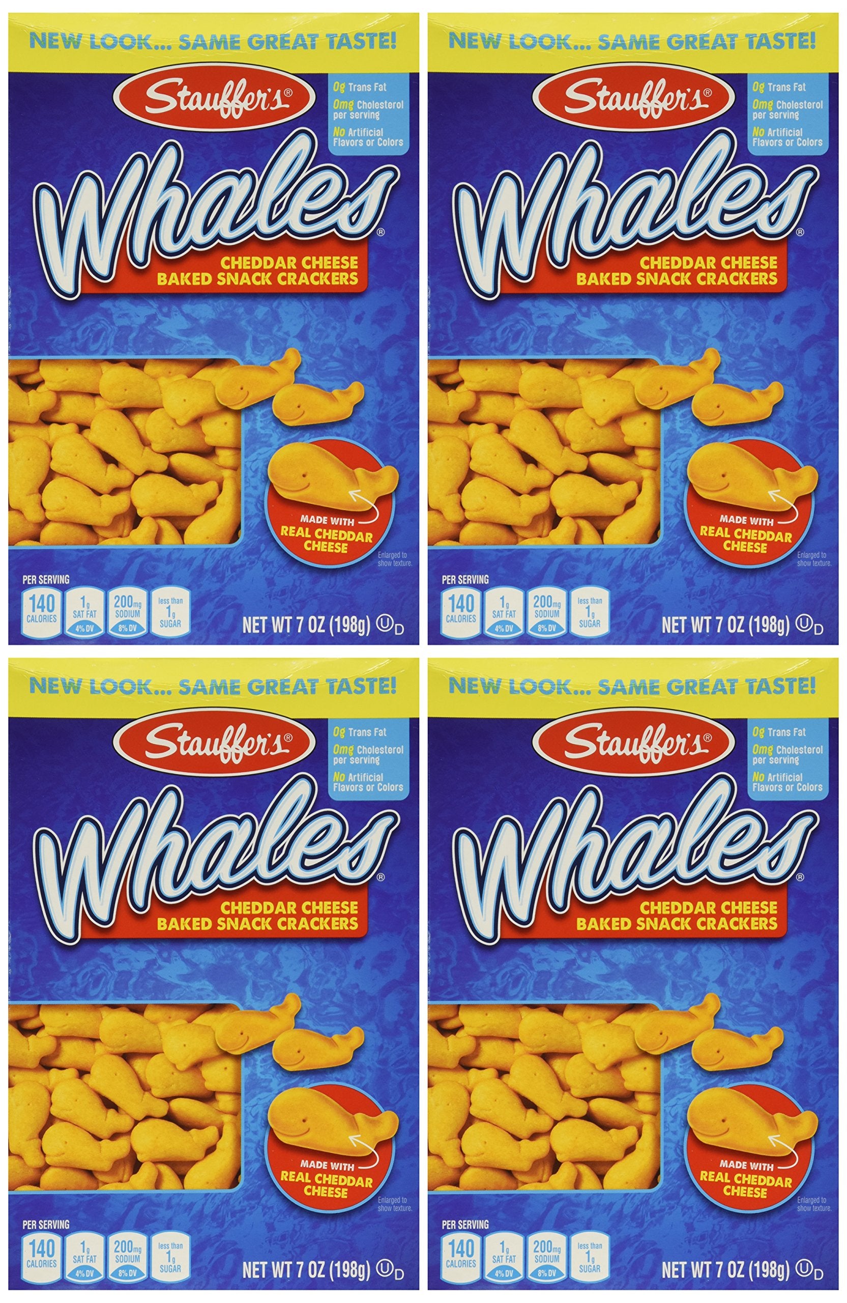 Stauffer's Whales cheddar crackers box front, ready snack for kids.