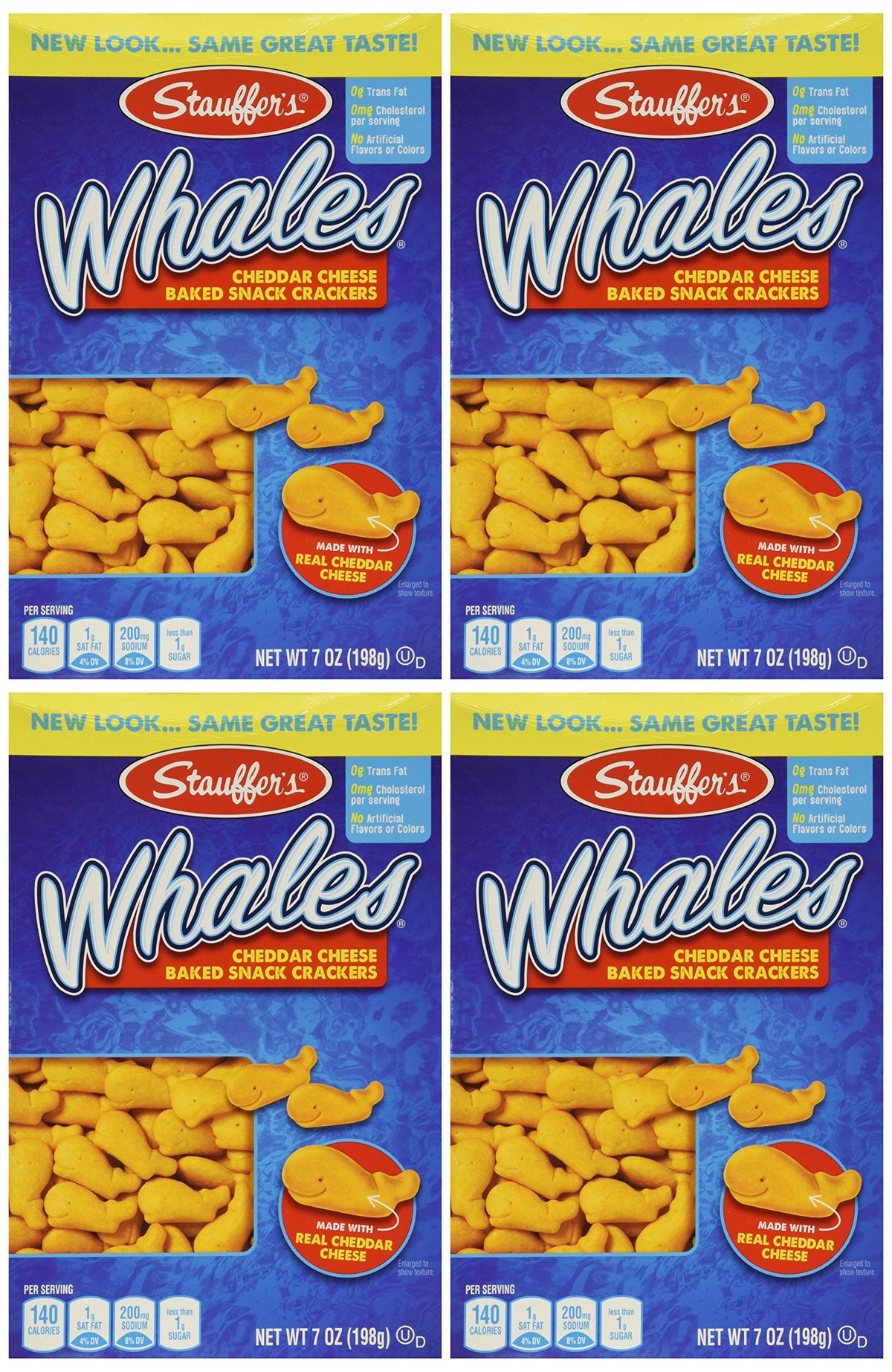 Stauffer's Whales cheddar crackers box front, ready snack for kids.