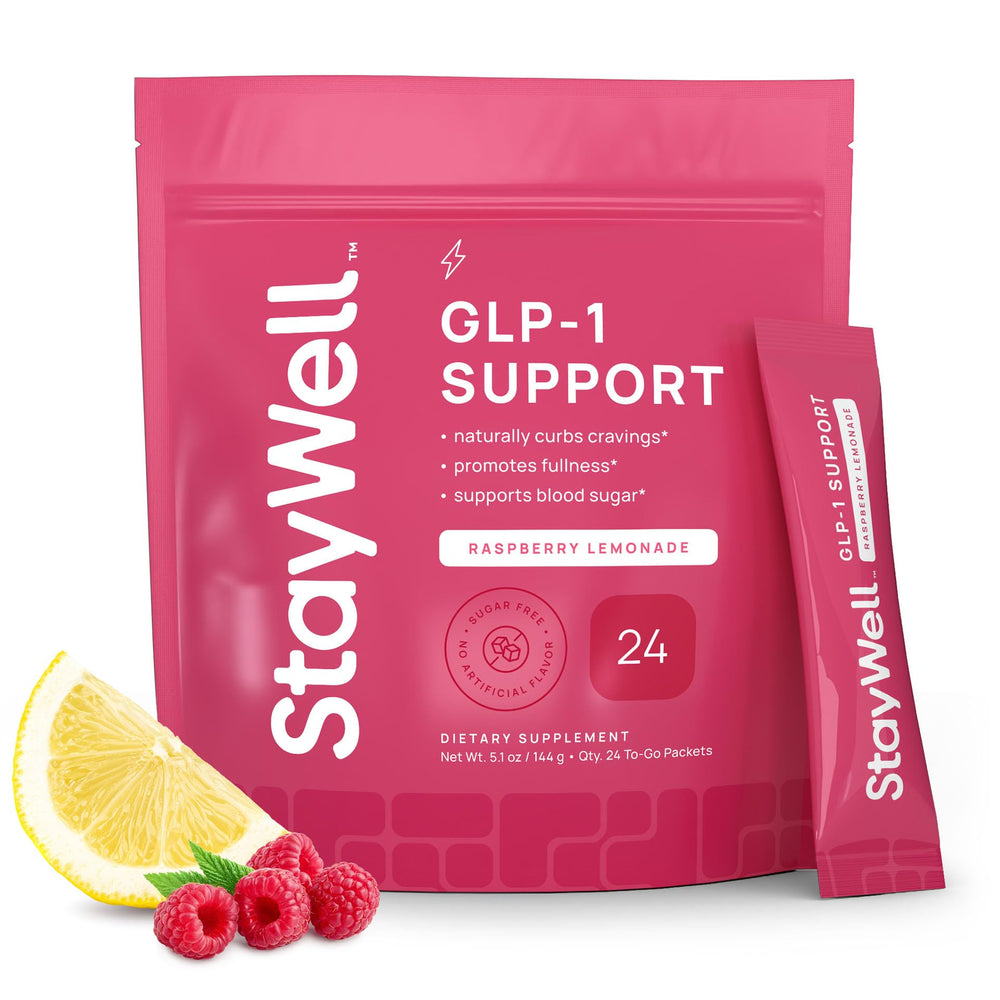 Stay-Well Naturals GLP-1 drink mix bottle highlights the appetite-modulating formula