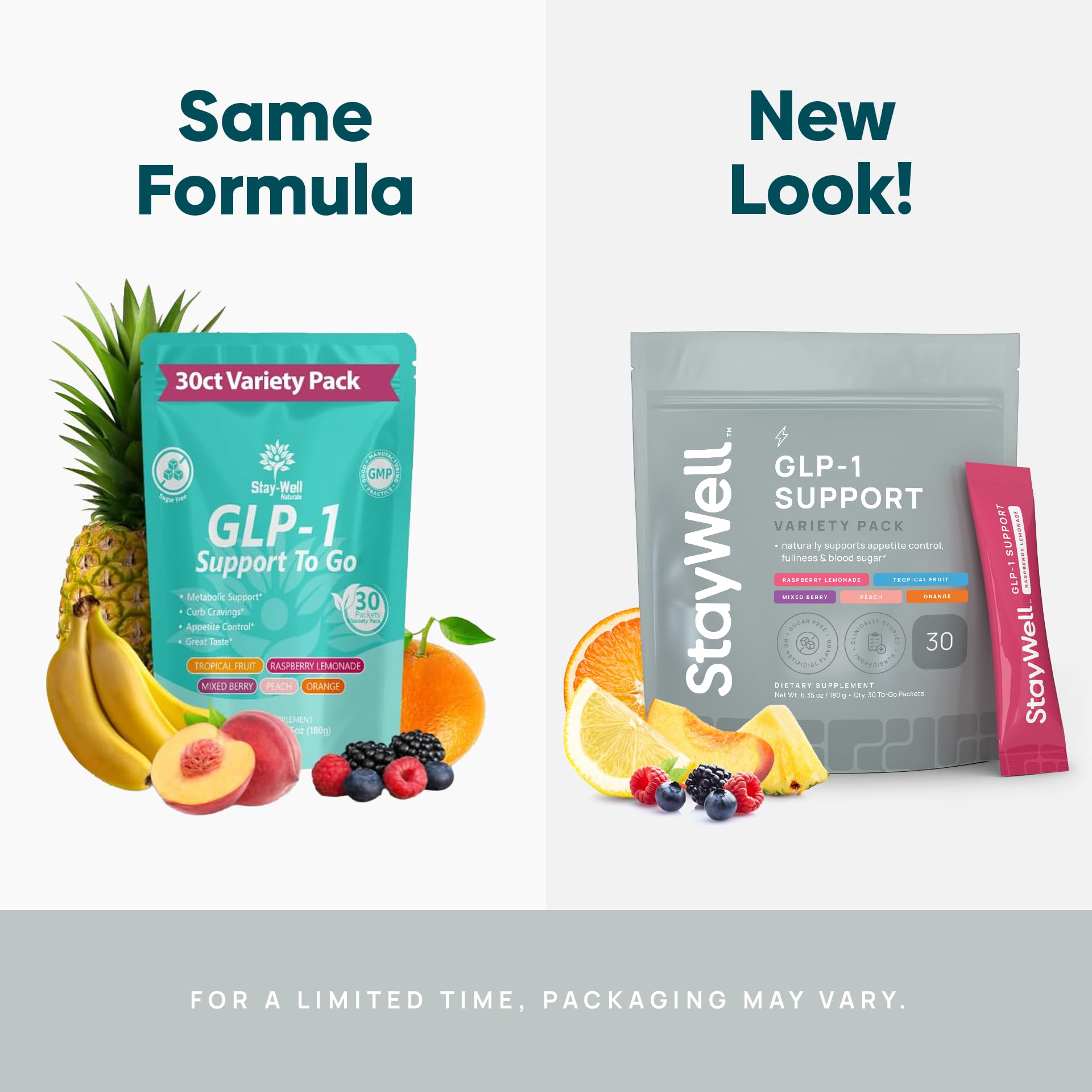 Label close-up of Stay-Well GLP-1 drink mix highlighting natural ingredients
