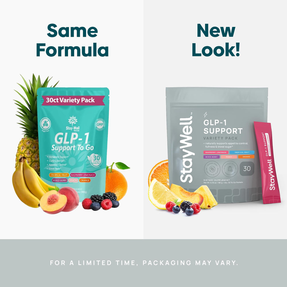 Label close-up of Stay-Well GLP-1 drink mix highlighting natural ingredients