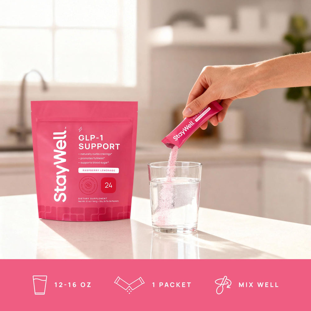 Stay-Well Naturals GLP-1 packaging highlights plant-based wellness for daily use