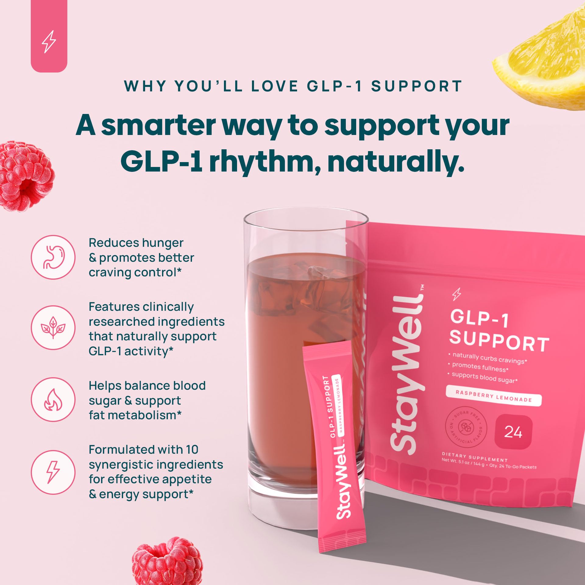 Stay-Well Naturals GLP-1 raspberry lemonade in a glass suggesting fullness
