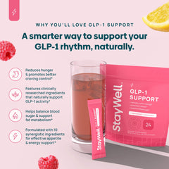 Stay-Well Naturals GLP-1 raspberry lemonade in a glass suggesting fullness