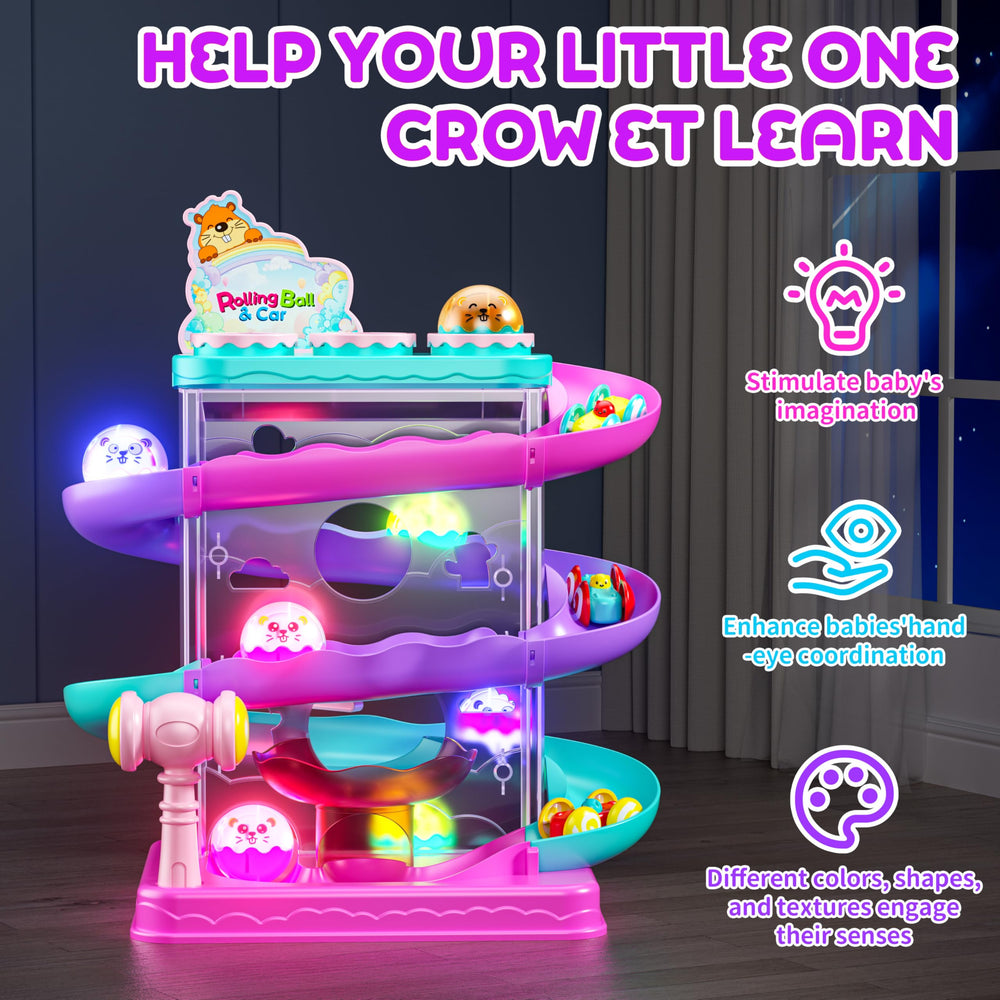 Stay Fun 2-in-1 toy side view with three color tracks and cars in motion.