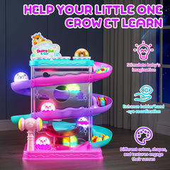 Stay Fun 2-in-1 toy side view with three color tracks and cars in motion.