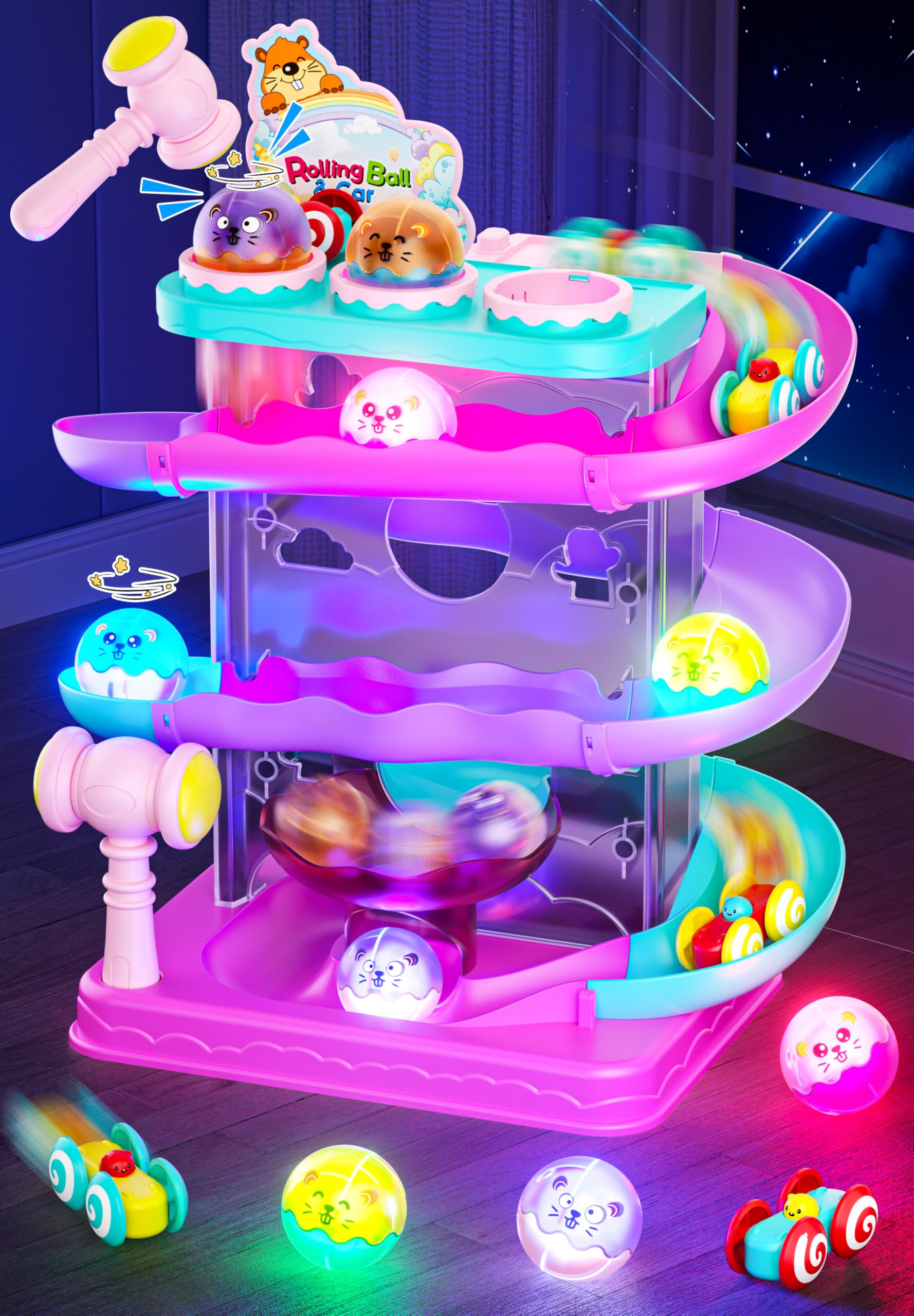 Stay Fun 2-in-1 rolling ball and car ramp top view shows colorful tracks and action.