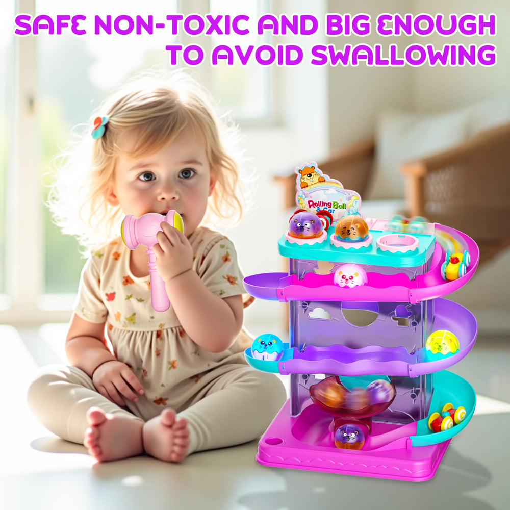 Stay Fun rolling ball and car ramp with color tracks and lights during play.