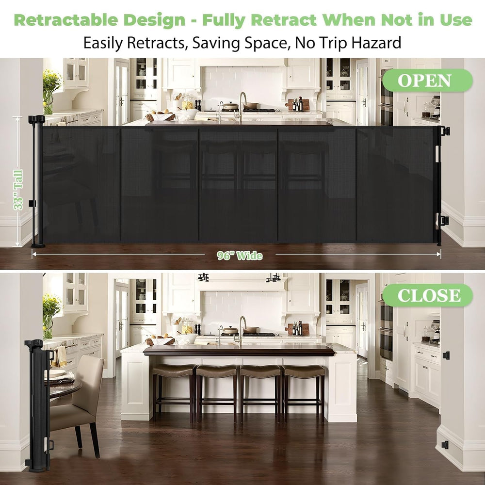Stcockis space-saving retractable gate fits both indoor and outdoor openings.