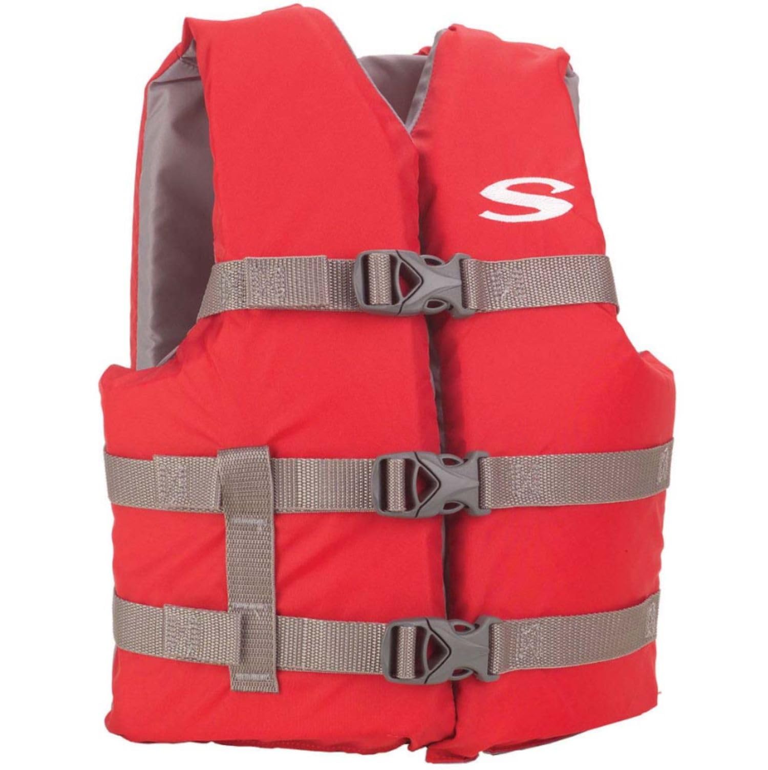 Stearns kids life vest front view in red, high visibility helps keep track of children on the water.