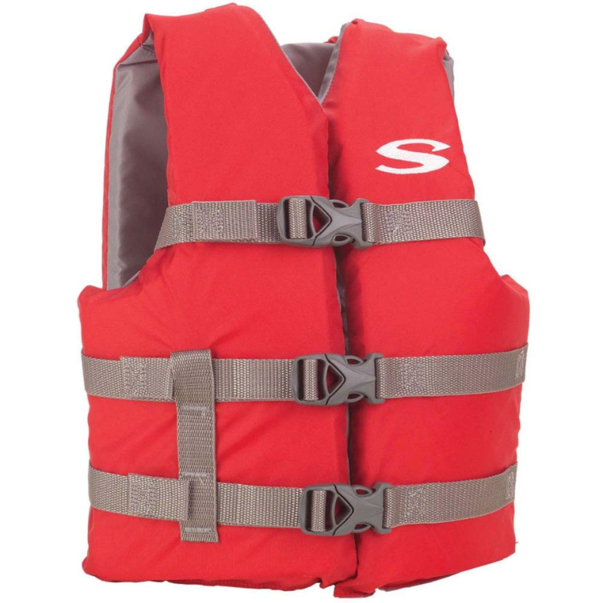 Stearns kids life vest front view in red, high visibility helps keep track of children on the water.