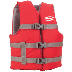 Stearns kids life vest front view in red, high visibility helps keep track of children on the water.